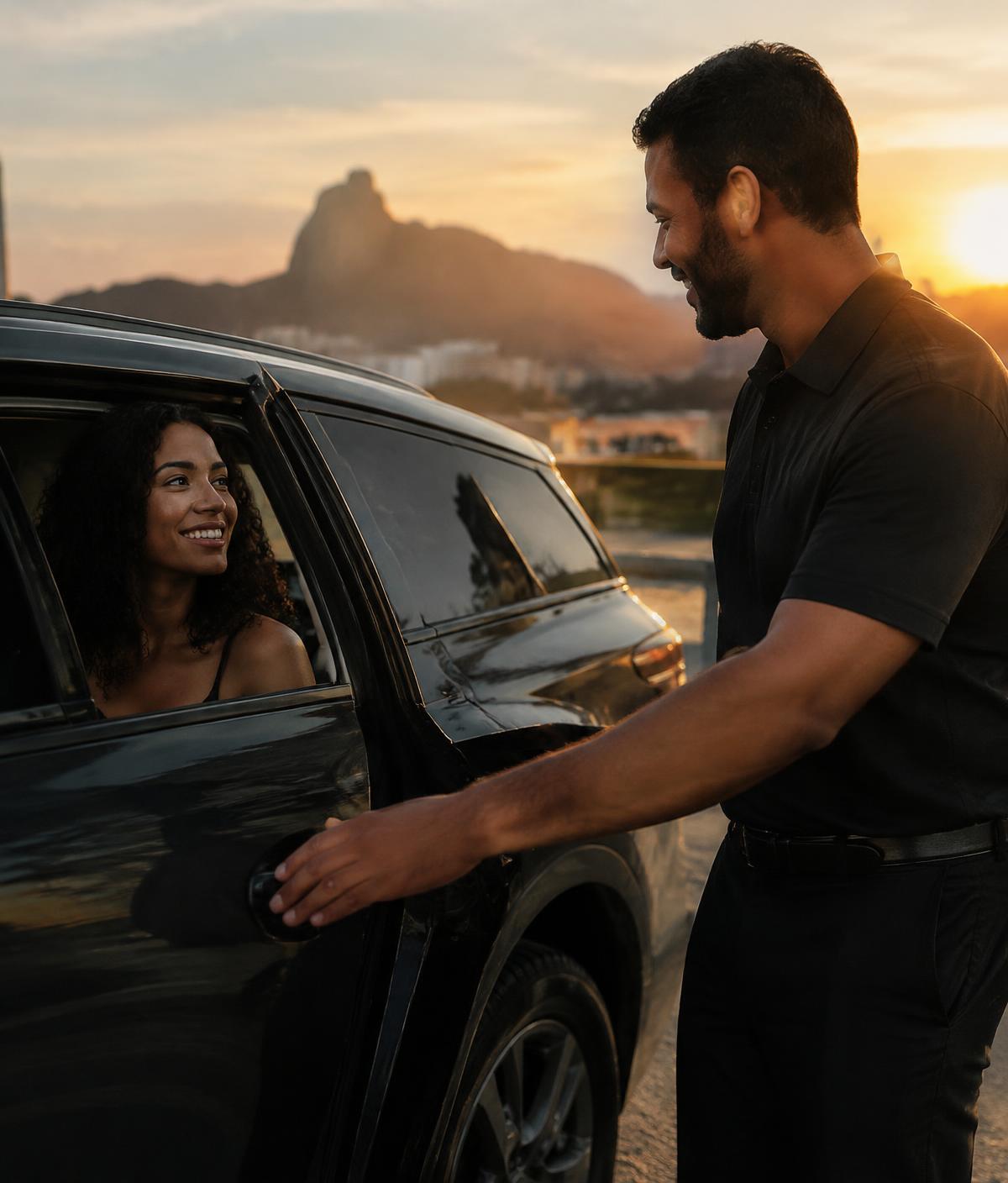 Motorista sorridente conversando com passageira ao lado do carro